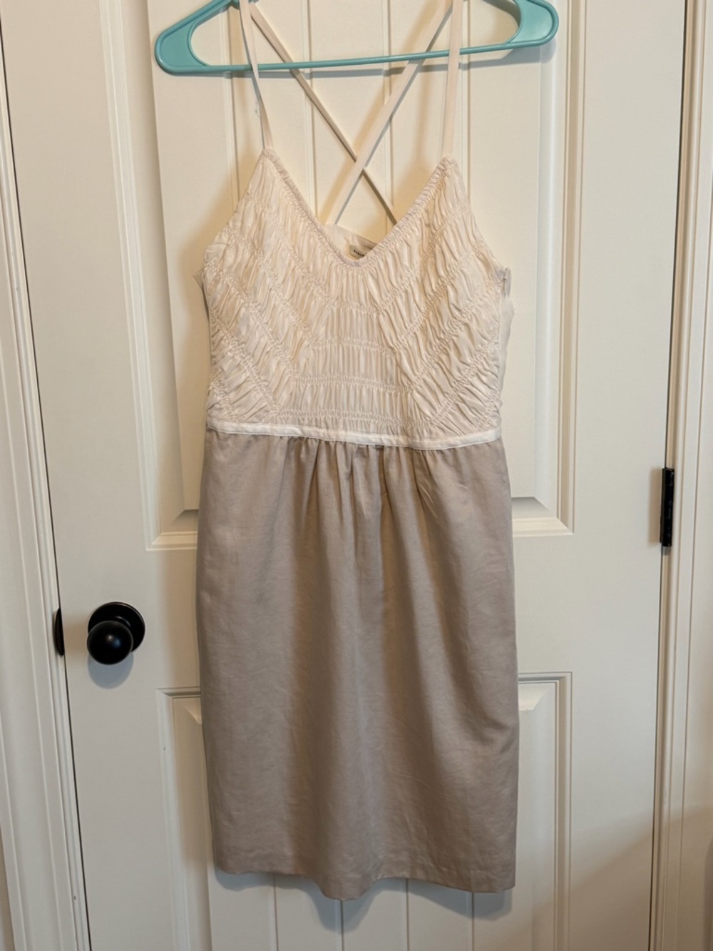 Ruched Neutral Silk Linen Slip Dress-Banana Republic